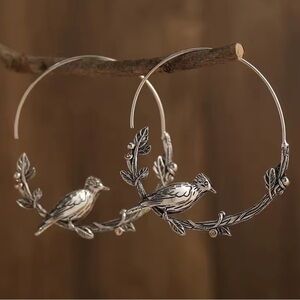 Vintage Bird Hoop Silver Earrings